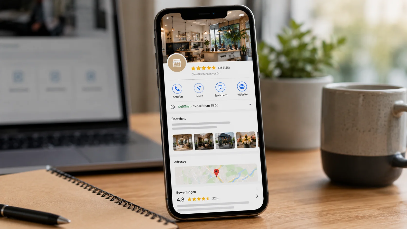 Google Business Profil auf einem Smartphone – Bewertungen, Öffnungszeiten und Standort