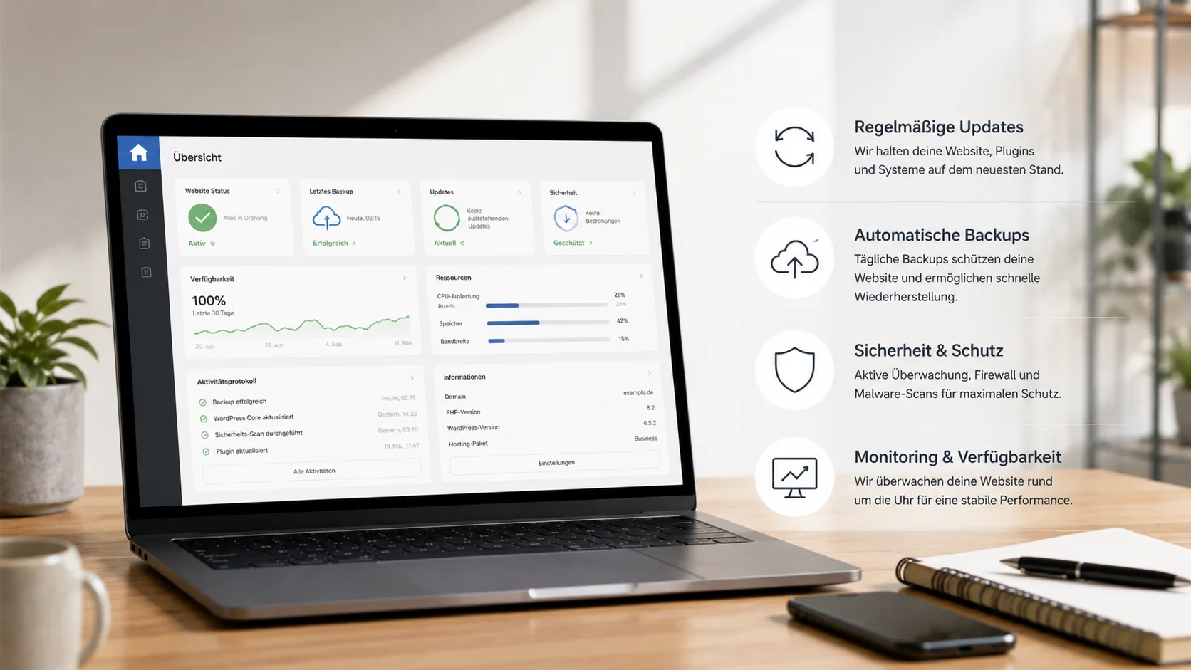 Laptop mit Hosting-Dashboard zeigt Updates, Backups, Sicherheit und Monitoring