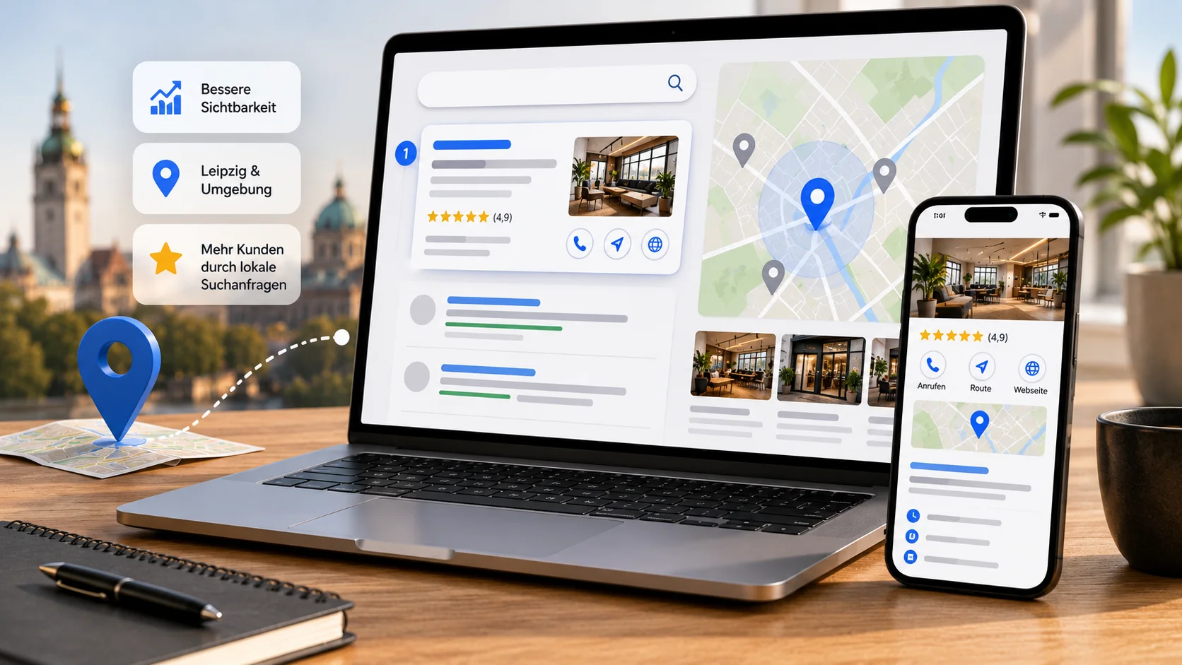 Google Maps und lokale Suchergebnisse auf Laptop und Smartphone – bessere Sichtbarkeit in Leipzig