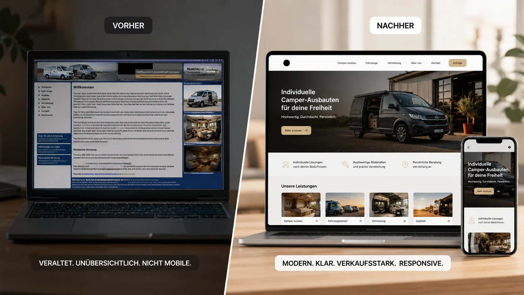 Vorher-Nachher-Vergleich: veraltete Website links, neue responsive Website rechts auf Laptop und Smartphone