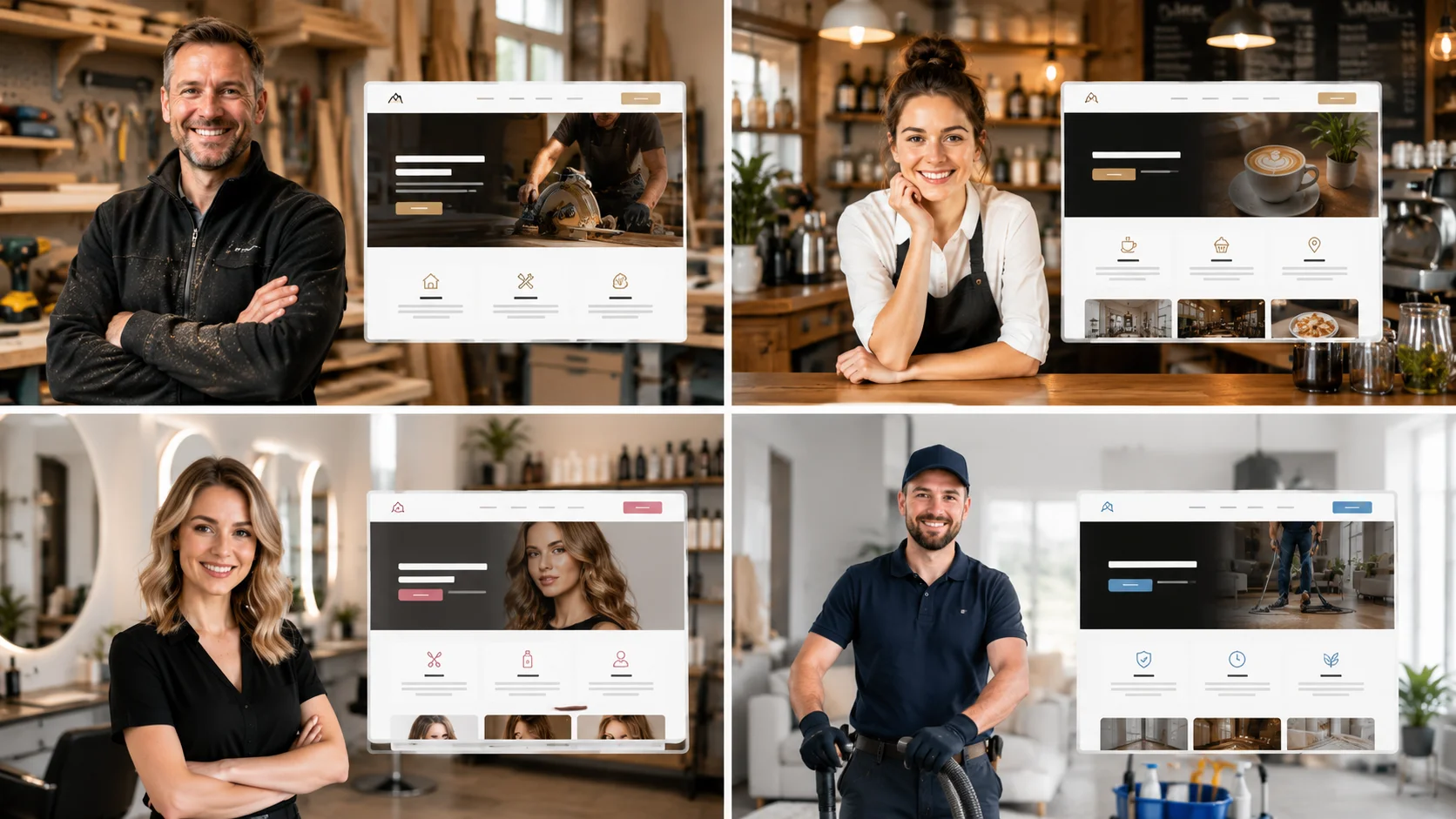 Vier Zielgruppen: Handwerker, Restaurantmitarbeiterin, Friseurin und Reinigungsmann – jeweils mit moderner Website auf dem Laptop