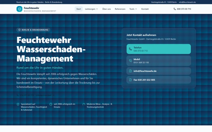 Startseite der Feuchtewehr-Website als Webdesign-Referenz