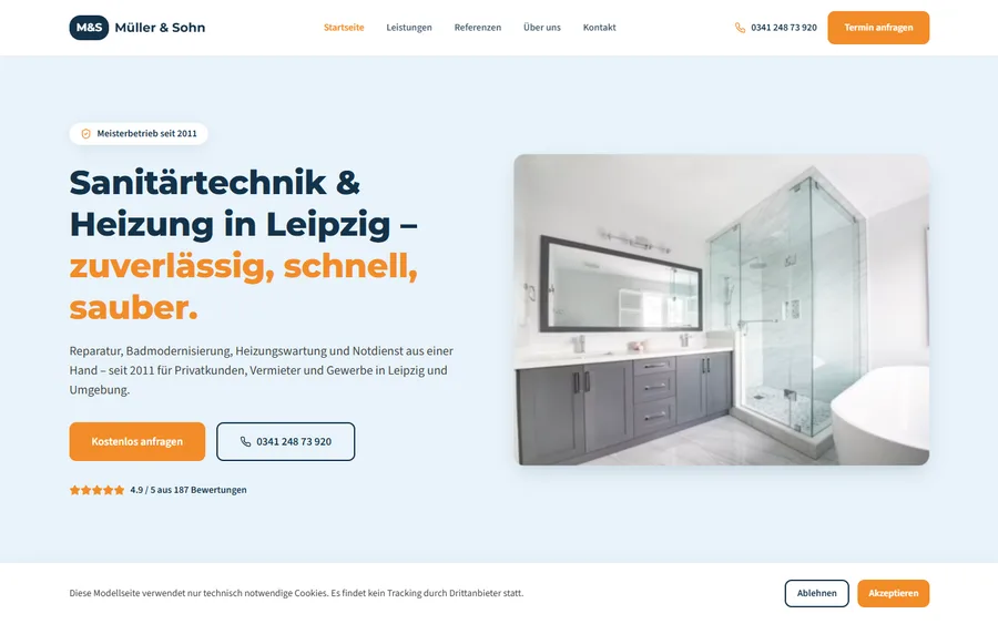 Modellseite einer modernen Handwerker-Website mit Leistungen und Projektbeispielen